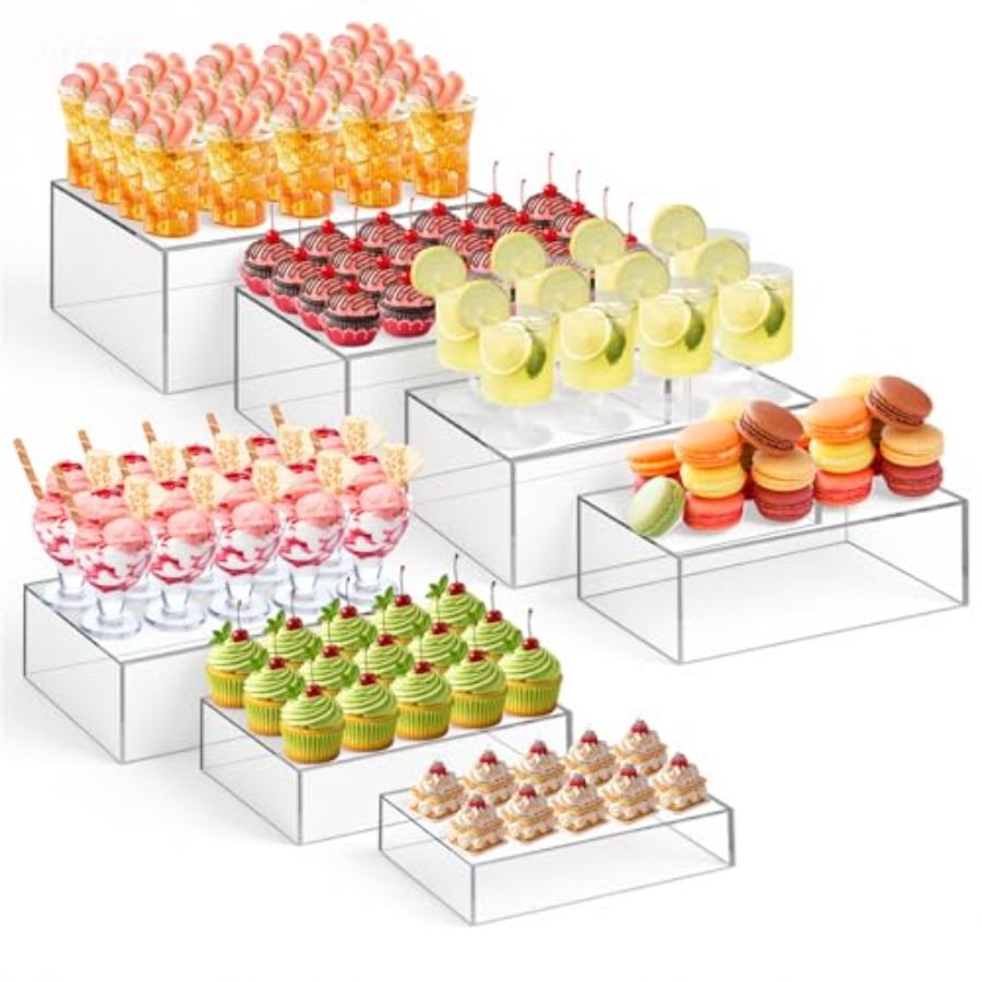 Display Risers Set - ชุดแท่นวางขนมสำหรับจัดเลี้ยง: อะคริลิกใส ทรงสี่เหลี่ยมผืนผ้า ขนาด 6 ถึง